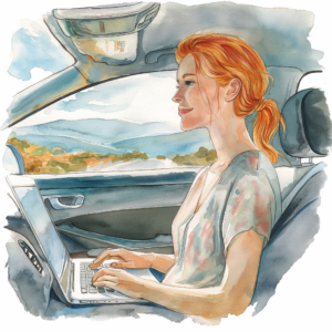 Annika Sukup, virtuelle Assistentin bei The Key Project, arbeitet unterwegs im Auto am Laptop