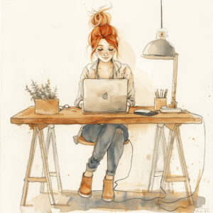 Aquarellillustration einer jungen Frau mit rotem Dutt, die an einem Laptop am Schreibtisch arbeitet