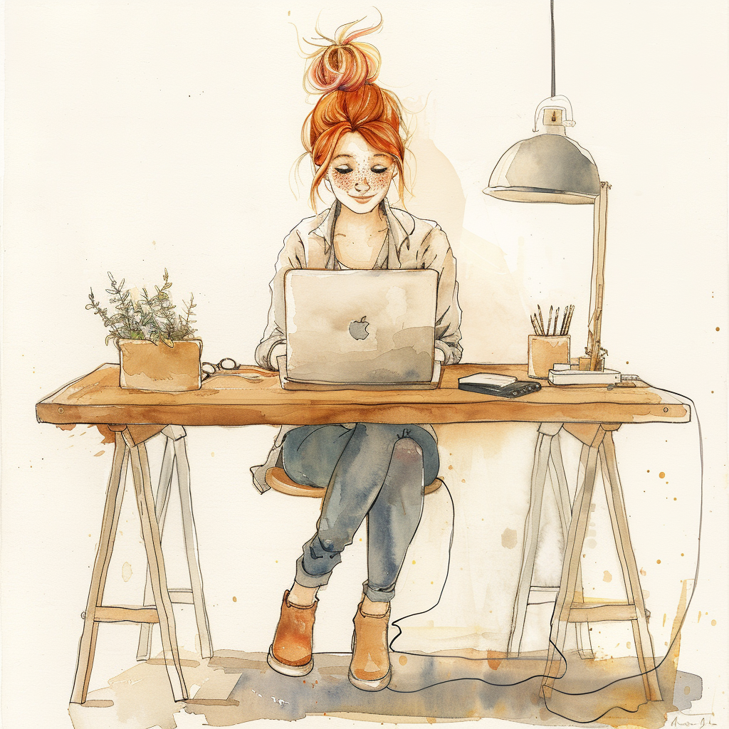 Aquarellillustration einer jungen Frau mit rotem Dutt, die an einem Laptop am Schreibtisch arbeitet