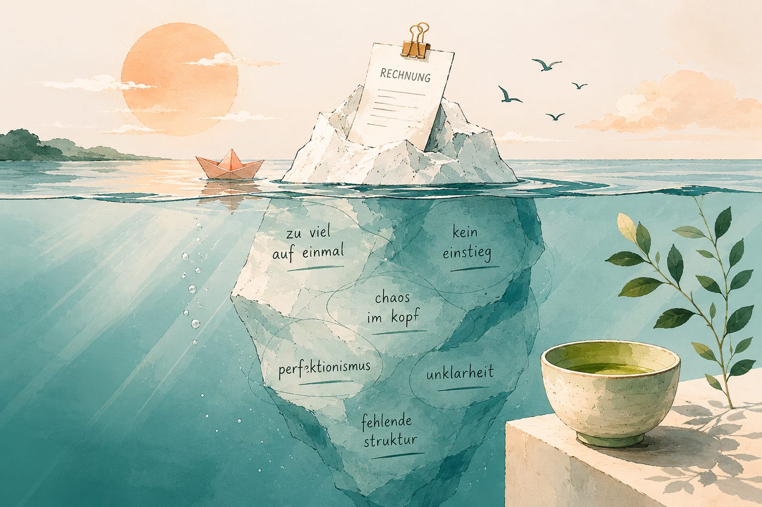 Illustration eines Eisbergs im Wasser mit den Begriffen „Chaos im Kopf“, „Perfektionismus“, „Unklarheit“ und „fehlende Struktur“ als Metapher für Freeze und mentale Überforderung im Business kreativer Selbstständiger.