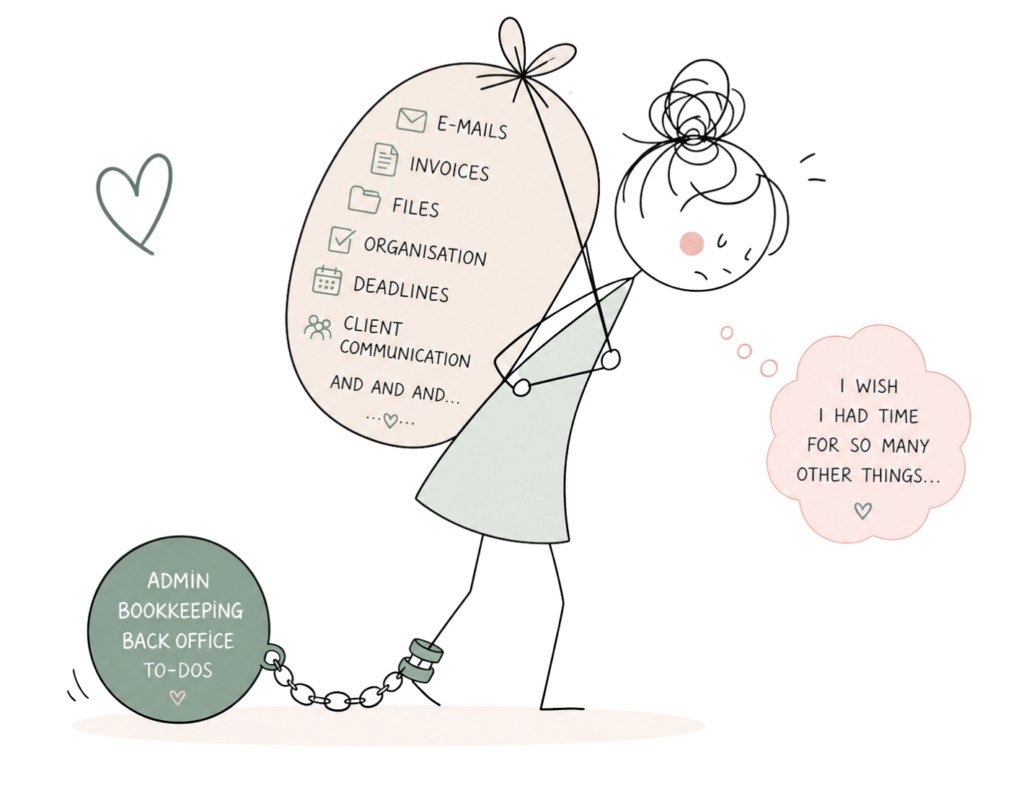 An overwhelmed self-employed professional surrounded by endless back-office tasks — a symbol of chaos and missing structure.