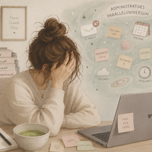 Illustration einer kreativen Selbständigen an ihrem Schreibtisch mit Laptop, Matcha Bowl, offenen Aufgaben, E-Mails und administrativem Chaos im Hintergrund. Das Bild zeigt mentale Überforderung, offene Tabs und das „administrative Paralleluniversum“ hinter kreativer Selbstständigkeit.