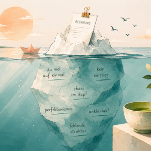 Illustration eines Eisbergs im Wasser mit den Begriffen „Chaos im Kopf“, „Perfektionismus“, „Unklarheit“ und „fehlende Struktur“ als Metapher für Freeze und mentale Überforderung im Business kreativer Selbstständiger.