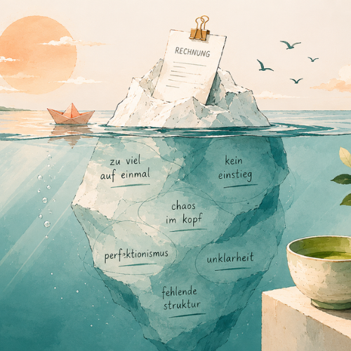 Illustration eines Eisbergs im Wasser mit den Begriffen „Chaos im Kopf“, „Perfektionismus“, „Unklarheit“ und „fehlende Struktur“ als Metapher für Freeze und mentale Überforderung im Business kreativer Selbstständiger.