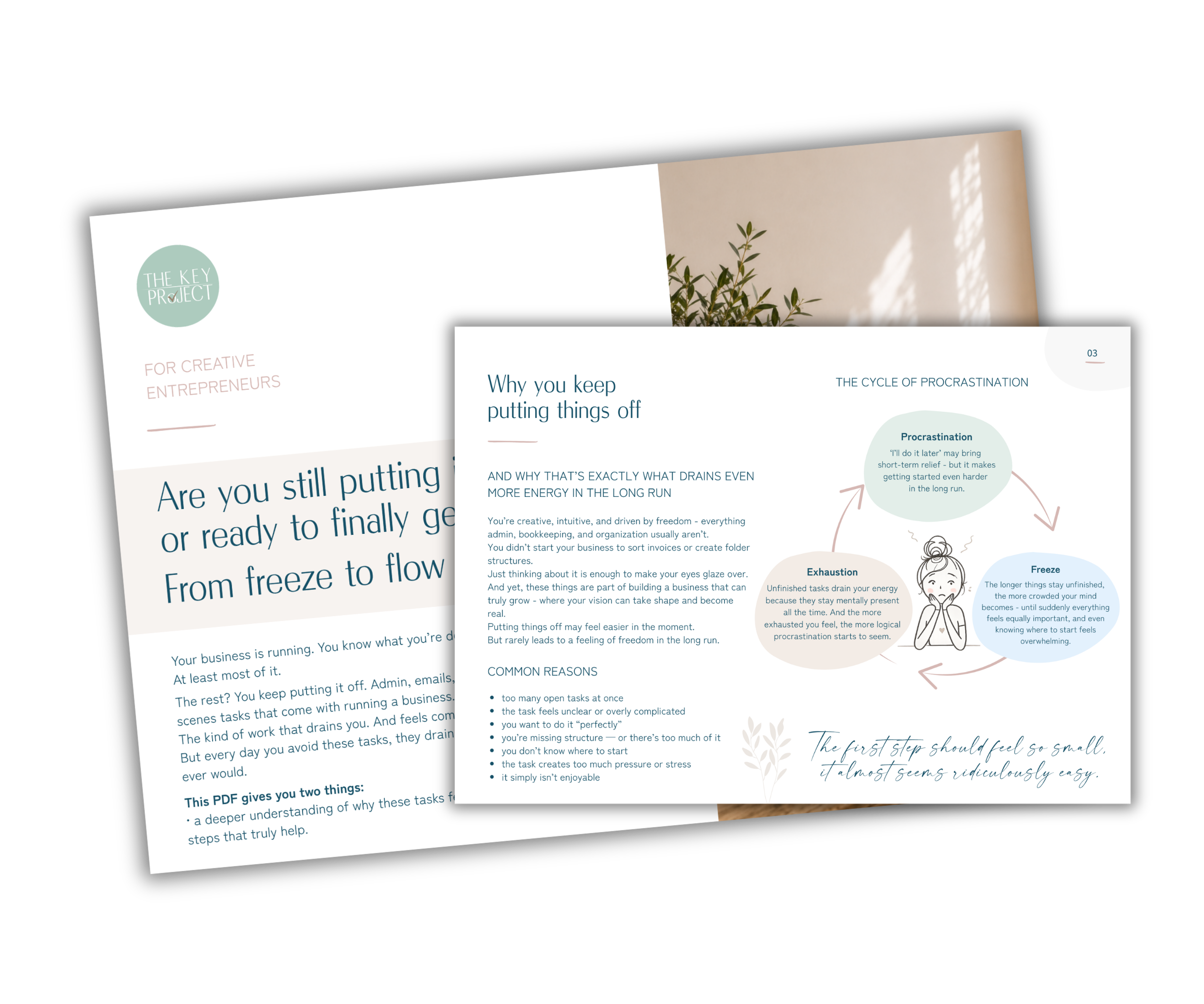 Mockup of a minimalist PDF guide for creative entrepreneurs focused on procrastination, bookkeeping, and creating more flow in the back office.
