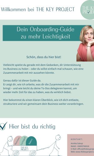 Titelbild des Onboarding-Guides von The Key Project mit Annika Sukup, Virtuelle Assistentin, Text "Dein Onboarding-Guide zu mehr Leichtigkeit"
